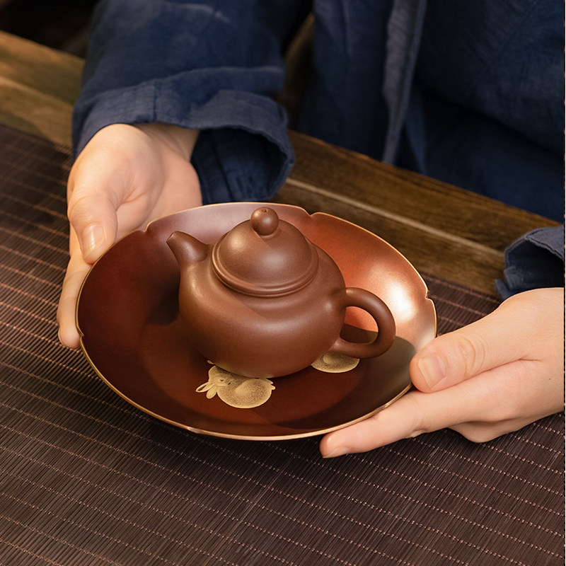 新中式复古黄铜壶托梧桐双兔壶承茶杯茶托手工彩烧功夫茶配件套装
