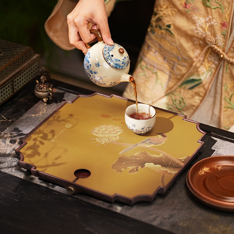 高级黄铜茶盘新中式四菱花窗茶道功夫茶盘器具可排水双面花鸟茶具