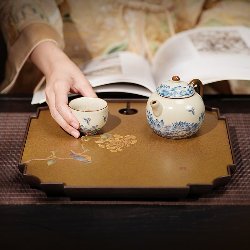 黄铜彩烧双面茶盘复古四菱花窗器型茶承功夫茶泡茶盘高端茶礼雅玩
