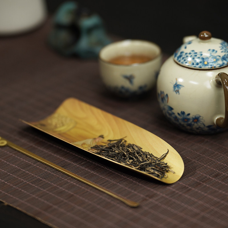 枫溪垂钓茶则手工黄铜彩烧浮雕刻线文人雅器茶道配件中式功夫茶具