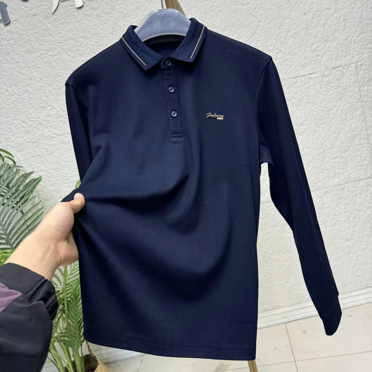 含羊绒 撤柜剪标商务休闲翻领长袖POLO衫男深蓝色舒适百搭上衣