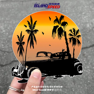 卡通复古汽车贴纸沙滩椰子树氛围感车身车门防水装 饰贴
