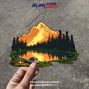 露营场景贴画山峰森林湖泊复古风图案越野车露营车贴纸
