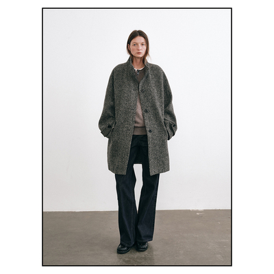 shyshy“雾岛”立领宽松大版型花灰色斜纹绵羊毛中长款毛呢大衣