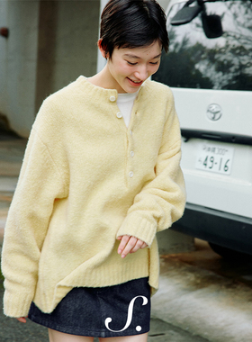 shyshy“淡奶油”明媚黄色显嫩圆领门襟马海毛长袖毛衣