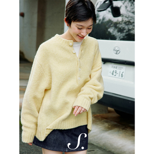 shyshy“淡奶油”明媚黄色显嫩圆领门襟马海毛长袖毛衣