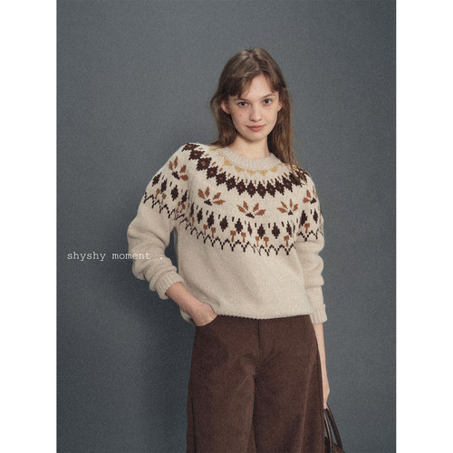 shyshy米咖色全羊毛费尔岛毛衣