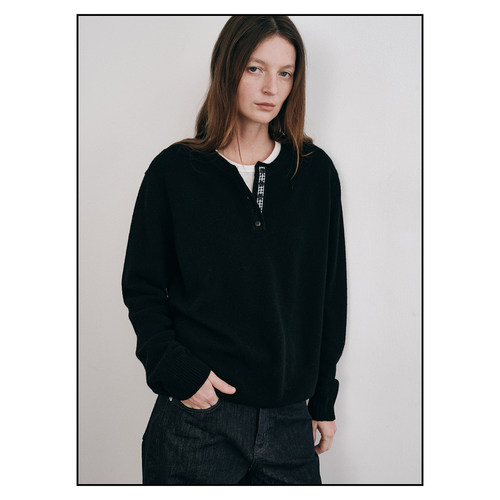 shyshy“糯米糍”亨利领百搭格纹细节拼接100%全羊毛三色毛衣