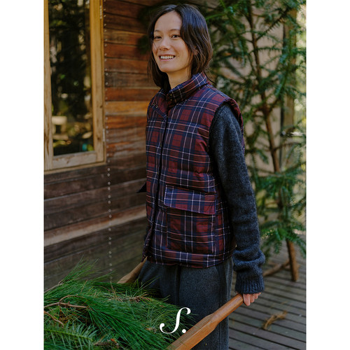 shyshy两色节日限定格纹90白鸭绒双口袋宽松保暖羽绒双色马甲