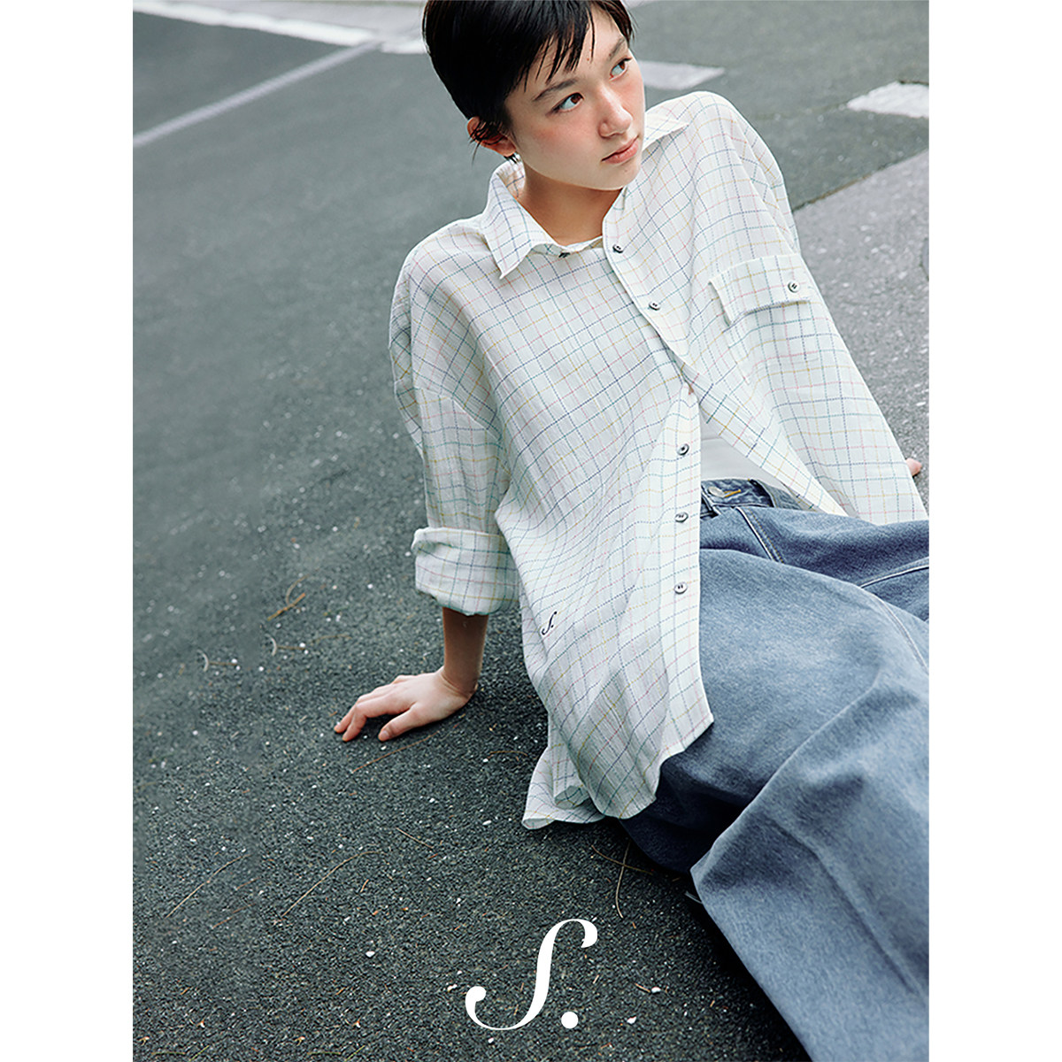 shyshy“桃粉奶酪”宽松版型翻领口袋撞色纽扣细节格纹衬衫