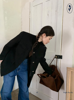 shyshy“银色爱心”心形金属扣正肩黑色经典羊毛混纺小香风外套