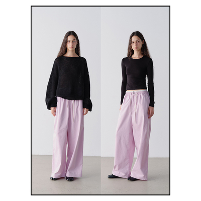 shyshy“霜粉糖果”双腰头拼色棉质直筒宽松休闲长裤