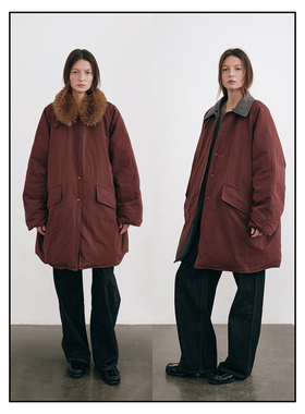 shyshy“暖炉”长款可拆卸挡风毛领中长款双色宽松羽绒服