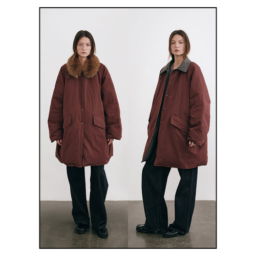 shyshy“暖炉”长款可拆卸挡风毛领中长款双色宽松羽绒服