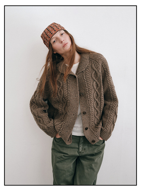 shyshy粗棒针感复古小翻领双色100%全羊毛粗棒麻花开衫