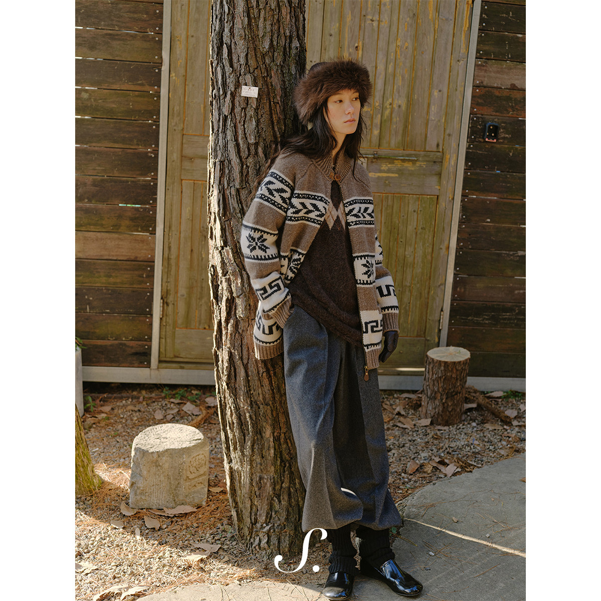 shyshy超重磅100%绵羊毛雪花图案立领复古拉链棕色宽松开衫