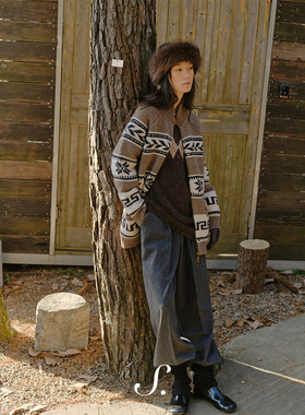 shyshy超重磅100%绵羊毛雪花图案立领复古拉链棕色宽松开衫