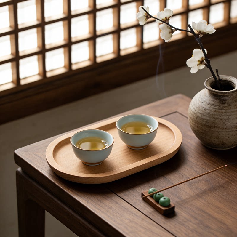 简约木质椭圆餐用托盘茶具收纳