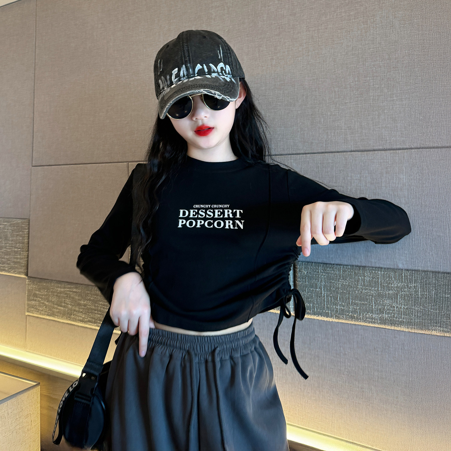女童绝美漂亮小上衣秋装2026新款儿童长袖打底衫女孩大童黑色t恤