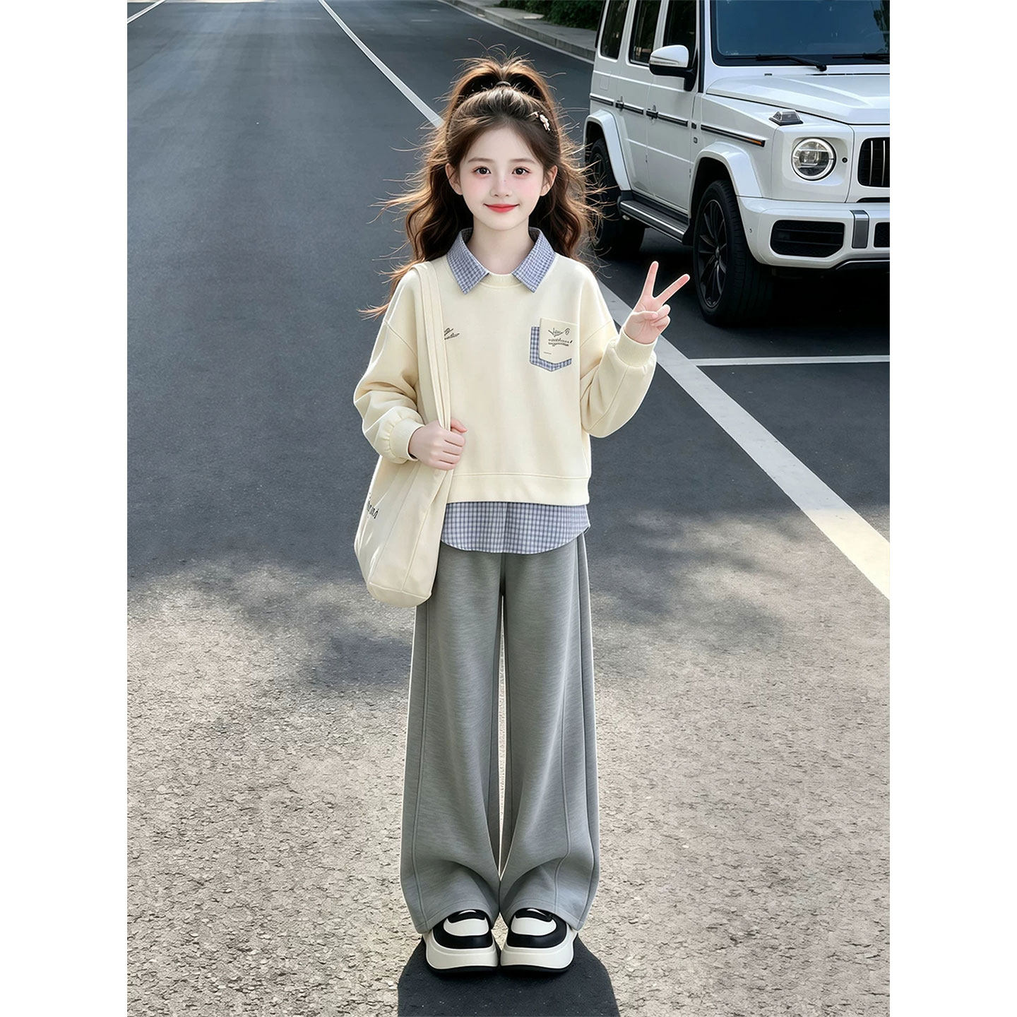 子瑞巴巴秋装套装适合上学2026新款女孩大童韩系学院风假两件卫衣