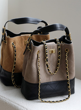 小香风复古高级质感菱格链条腋下包百搭大容量单肩斜挎磨砂水桶