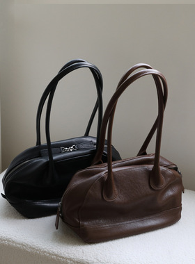 植鞣牛皮轻复古保龄球包通勤手提包简约真皮腋下包单肩贝壳包女