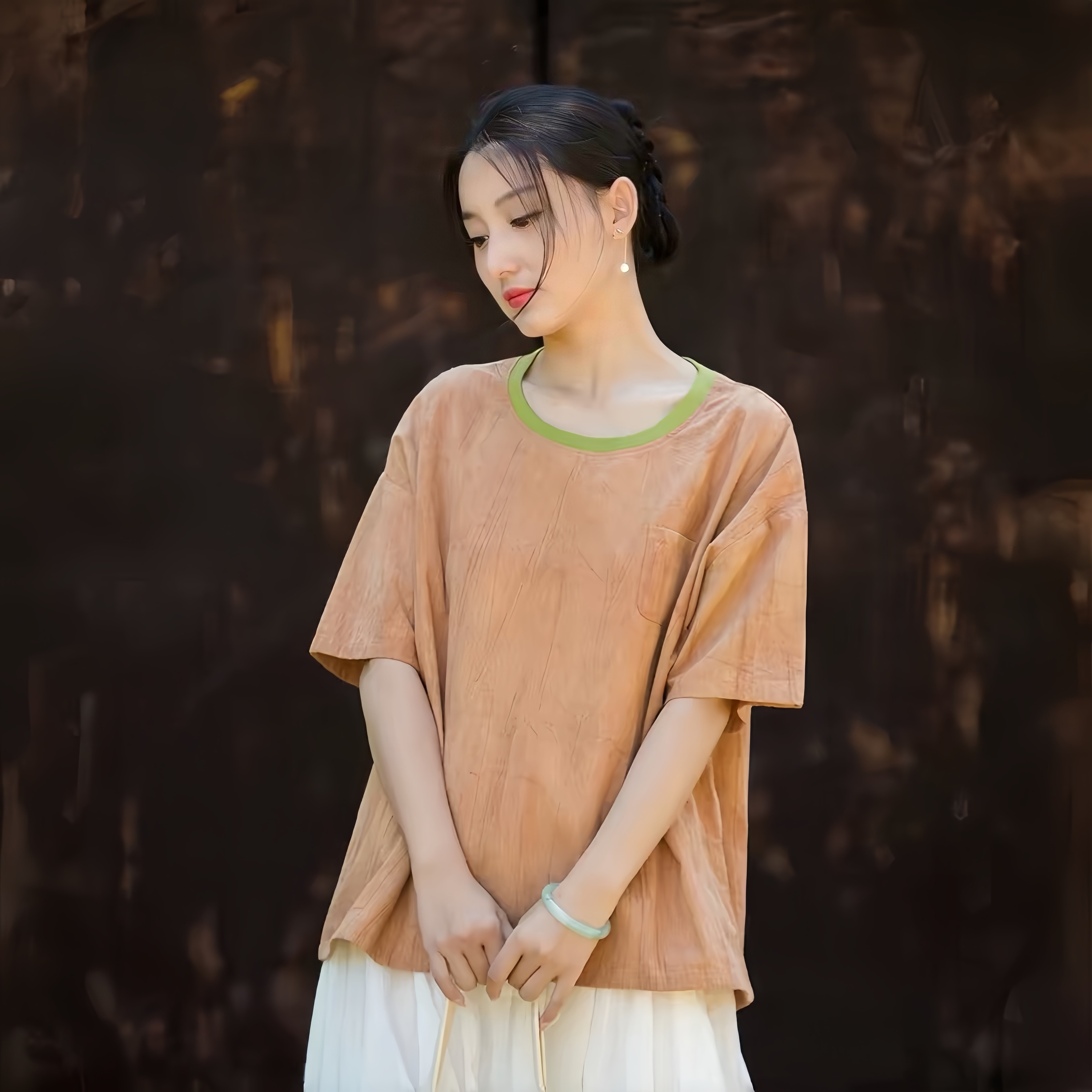 棉麻扎染短袖上衣夏季新款禅意原创宽松茶服撞色清新文艺圆领T恤