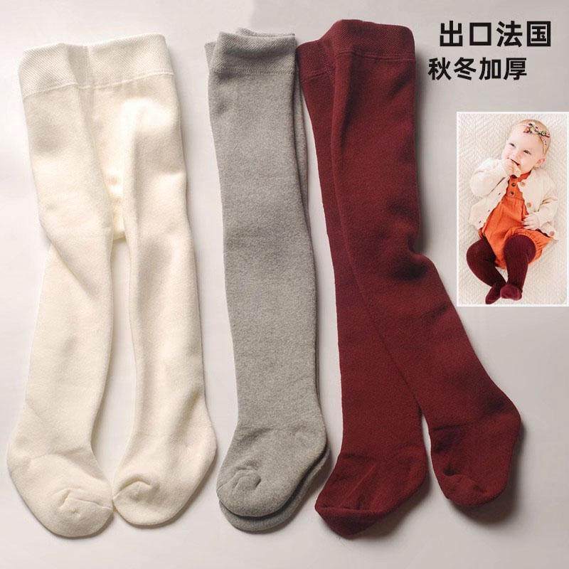 出口法国女童打底裤秋冬季加绒加厚婴儿宝宝连裤袜红色儿童打底袜