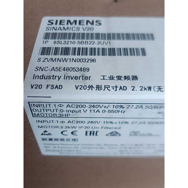 拍前询价：6SL3210-5BB22-2UV1V20单相变频器2.2千瓦6SL321