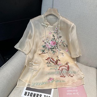 新中式国风短袖真丝刺绣衬衫女夏季新款2024小众设计改良唐装上衣