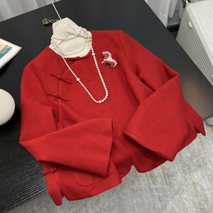 新中式红色盘扣刺绣羊毛短外套女2025冬季百搭轻奢高级感百搭上衣