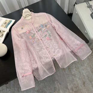 新中式刺绣蕾丝衬衫女2026春季桑蚕丝欧根纱立领国风防晒百搭上衣