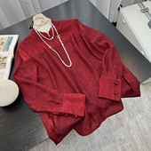 新中式 显瘦洋气质上衣新年穿搭 长袖 淑女风红色提花衬衫 女2026春季