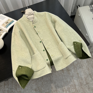 中国风短款羊绒双面呢外套女装2025冬季新款宽松纽扣夹克绿色外套