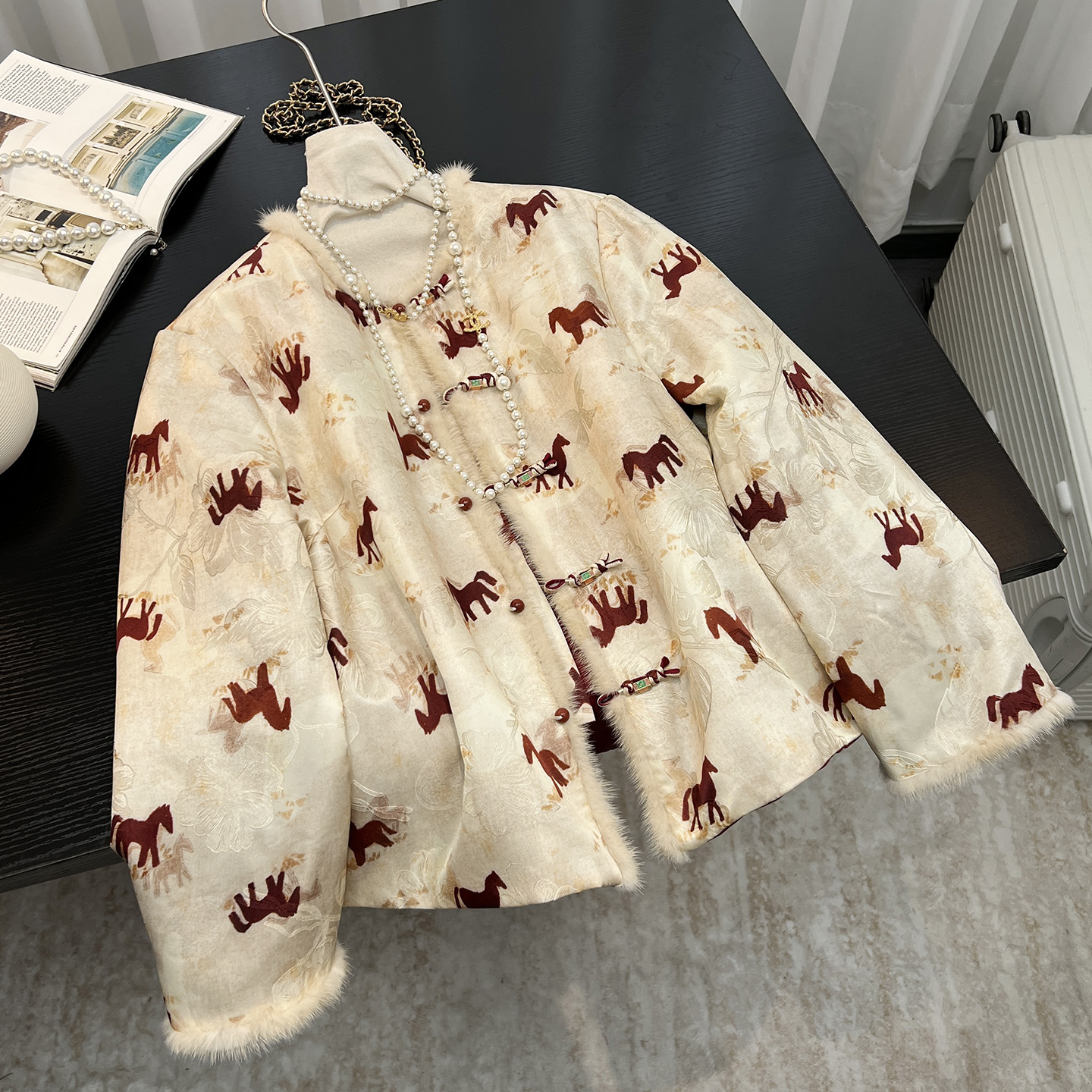 新中式真丝印花棉服女2025冬季