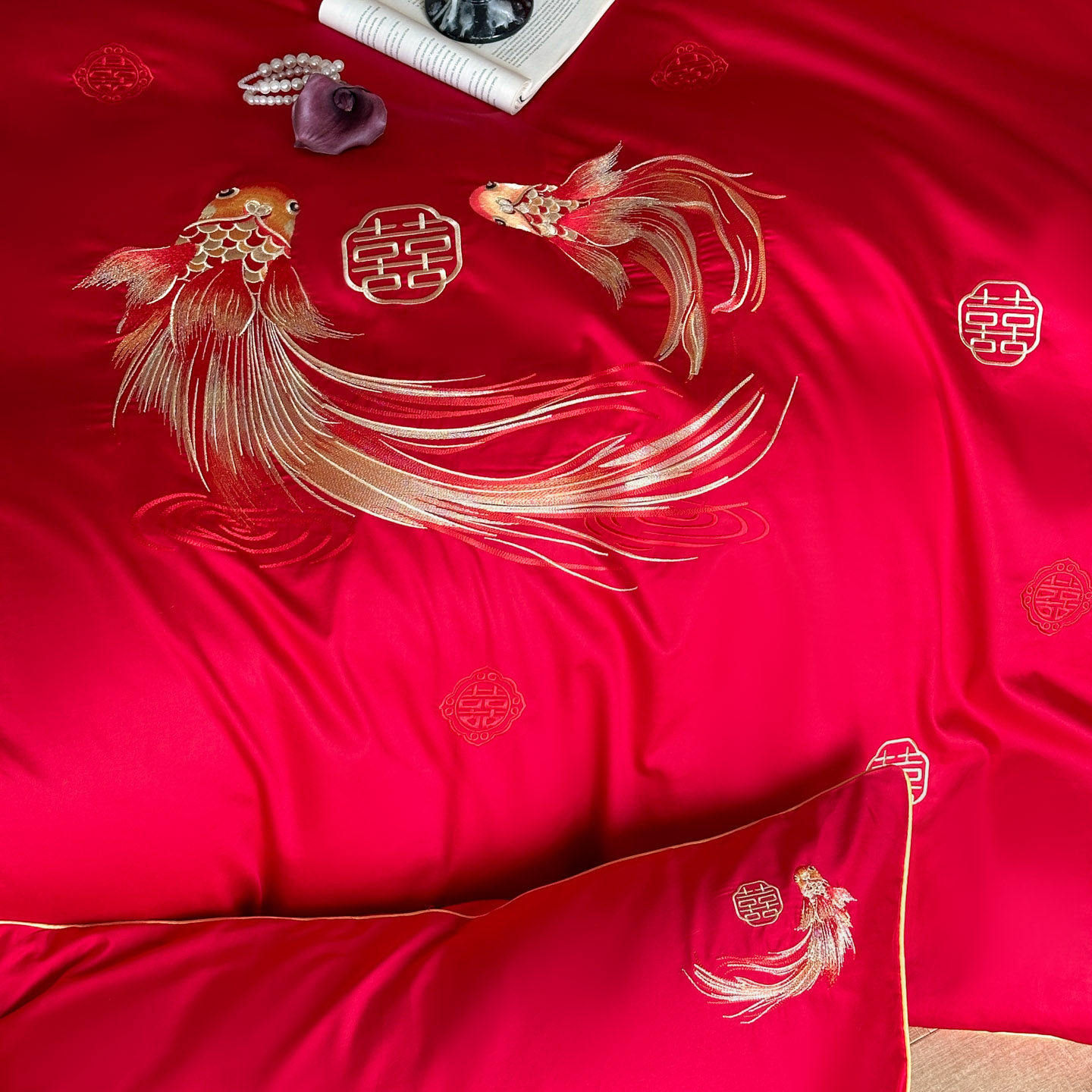 简约刺绣结婚庆大红色全棉四件套120支长绒棉纯棉刺绣被套A类床品