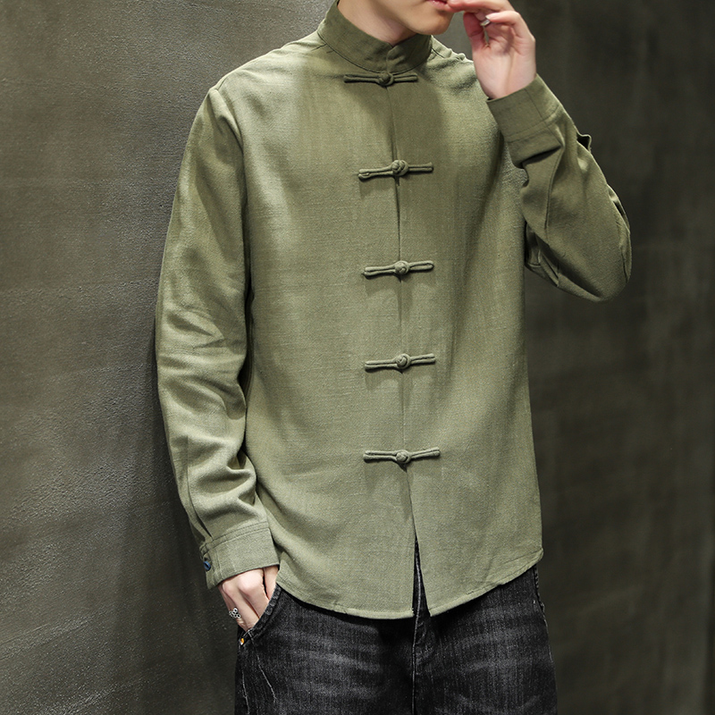 新款男士中国风衬衫男长袖潮牌汉服中式盘扣亚麻衬衣禅服唐装上衣