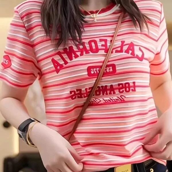 26年夏季女条纹字母印花短袖上衣T恤撞色小清新脱俗大码200斤宽松