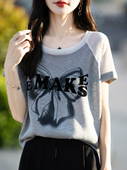 打底大码 200斤夏季 宽松洋气半袖 冰丝短袖 女T恤蝴蝶结印花拼色时尚