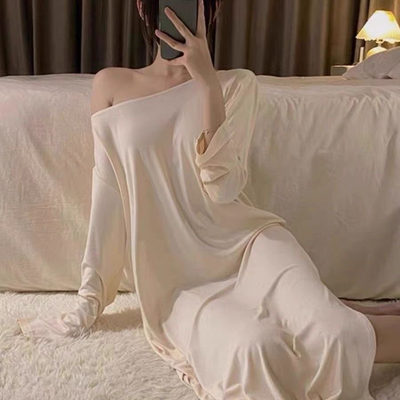 新品长袖睡裙女春夏季性感纯欲风露背过膝长裙休闲宽松睡衣200斤