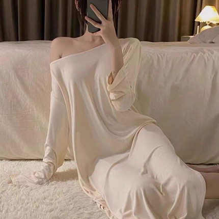 新品长袖睡裙女春夏季性感纯欲风露背过膝长裙休闲宽松睡衣200斤