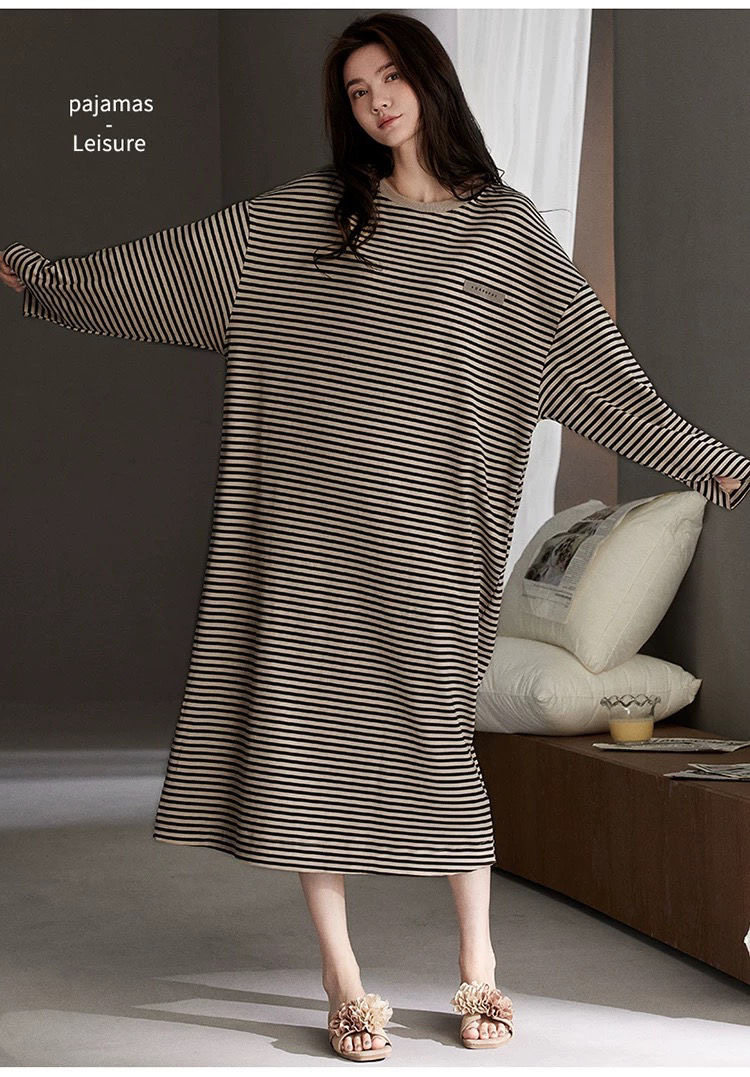 25年秋冬口袋印花长袖中长款连衣睡裙条纹宽松大码睡裙美式300斤