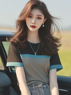 女短袖T恤黑灰蓝拼接撞色漂亮25新款夏正肩洋气百搭上衣大码200斤