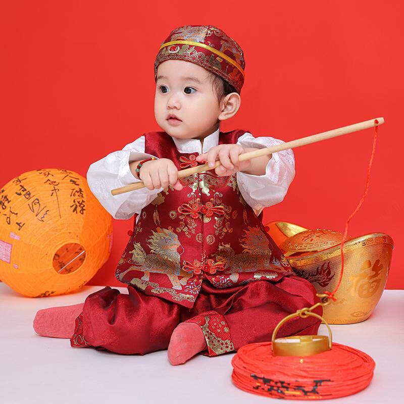 男宝宝周岁礼服中式唐装红色麒麟百天男童抓周衣服高端冠衣春夏季