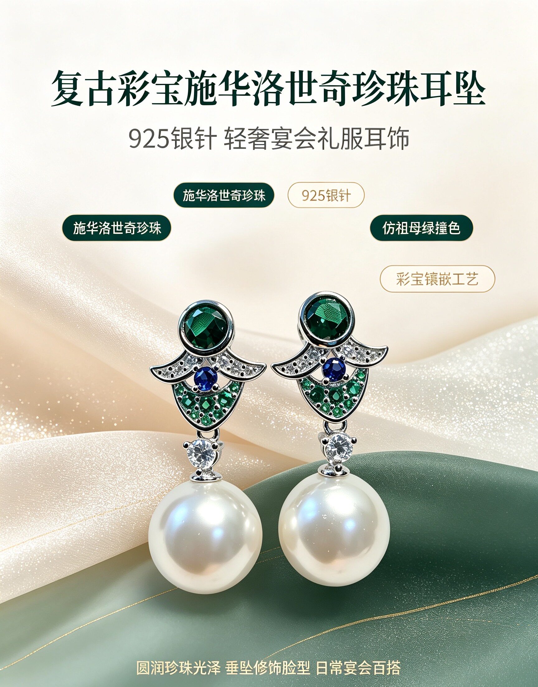 复古仿祖母绿蓝宝石珍珠耳坠 轻奢垂坠珍珠耳环新娘婚纱晚宴耳饰