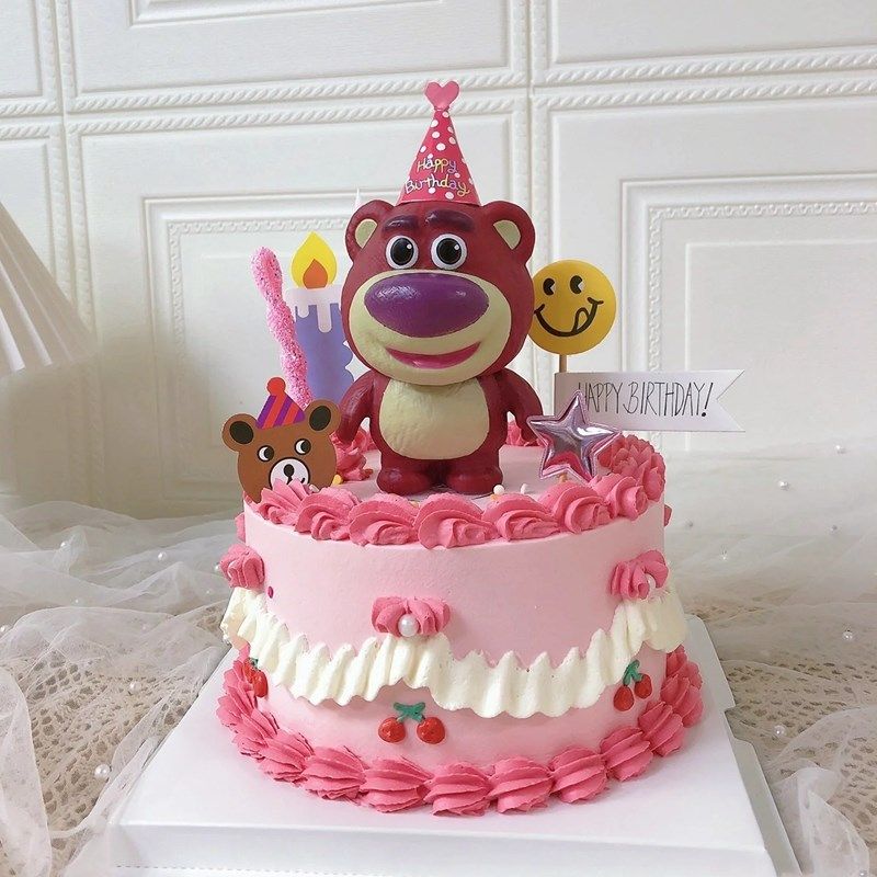 卡通草莓玫红小熊蛋糕装饰摆件网红儿童宝宝男孩女孩生日派对装扮,节庆用品/礼品,节日装扮用品,淘宝优惠券,粉丝福利购,淘宝优惠卷