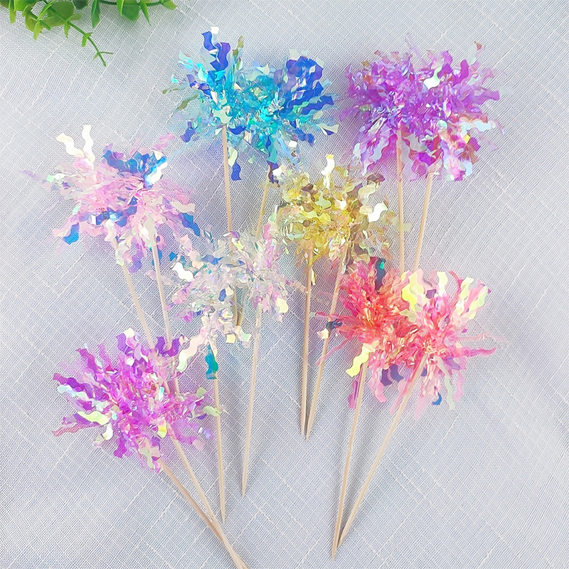 ins风大号炫彩雨丝蛋糕装饰插件镭射流苏礼花生日快乐甜品台插旗