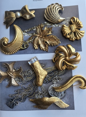 Vintage/复古首饰monet/trifari素金中古胸针