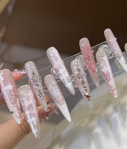 粉嫩感醋酸 精致纯欲纯手工制作穿戴甲 加长水滴40mm左右