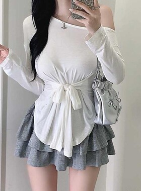 薄款微透斜领露肩收腰绑带显身材百搭长袖T恤女修身显瘦小众上衣